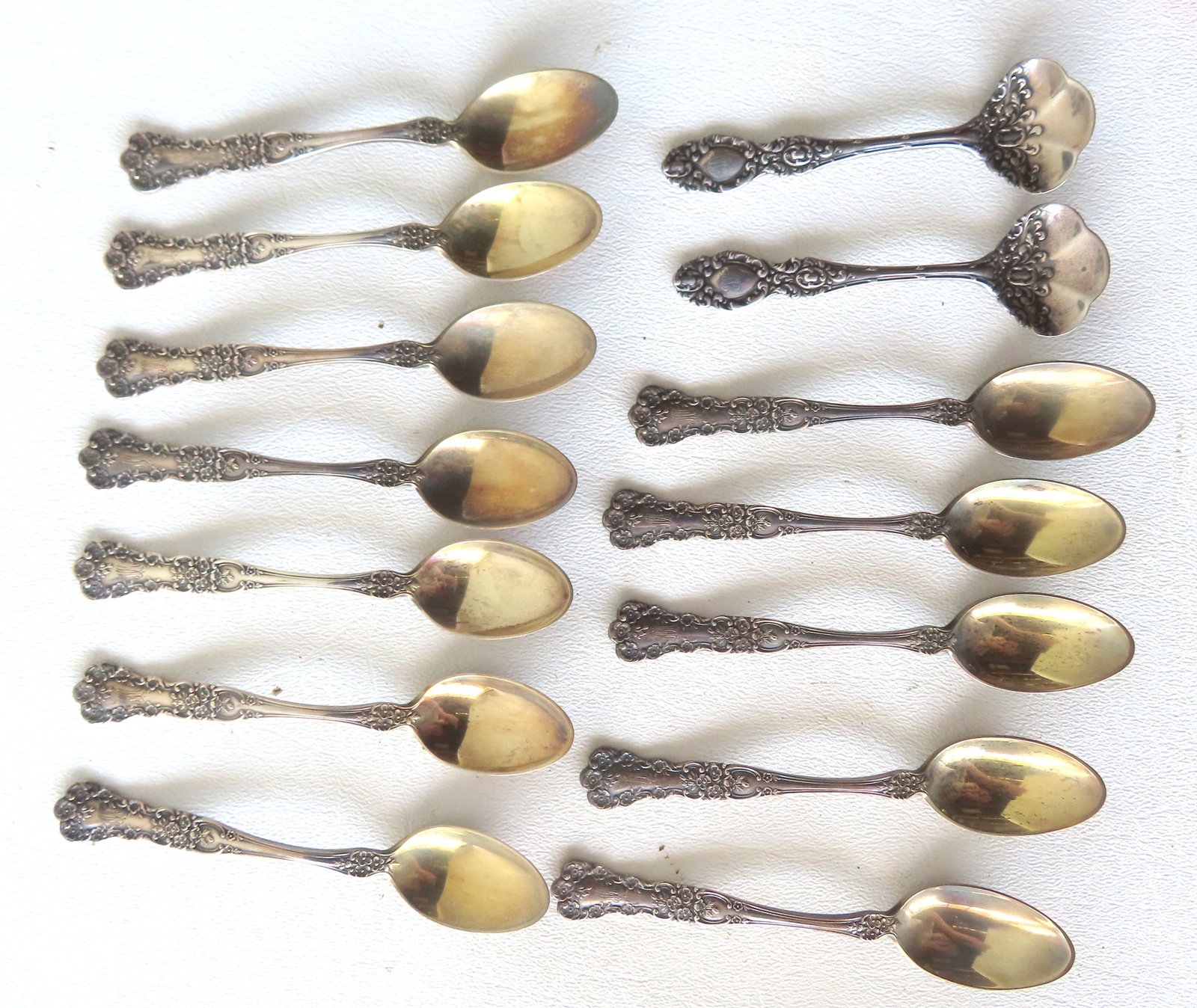Grouping of 12 matching sterling silver demitasse spoons with gold wash bowls 4"L, and 2 small fancy (1 of 1)