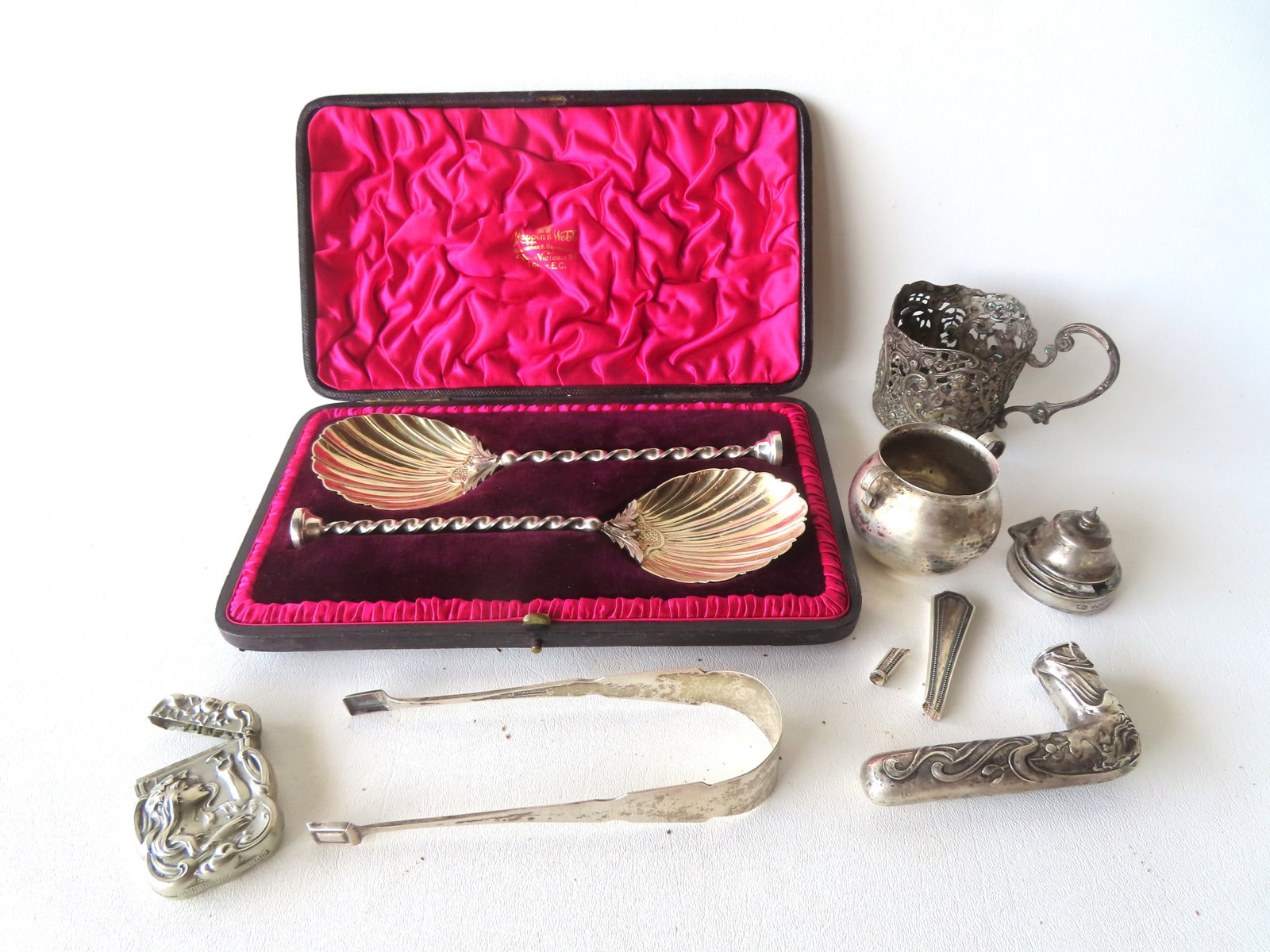 Grouping of Silver collectibles, including sterling, .800, and coin. Includes 2 Mappin & Webb (1 of 10)