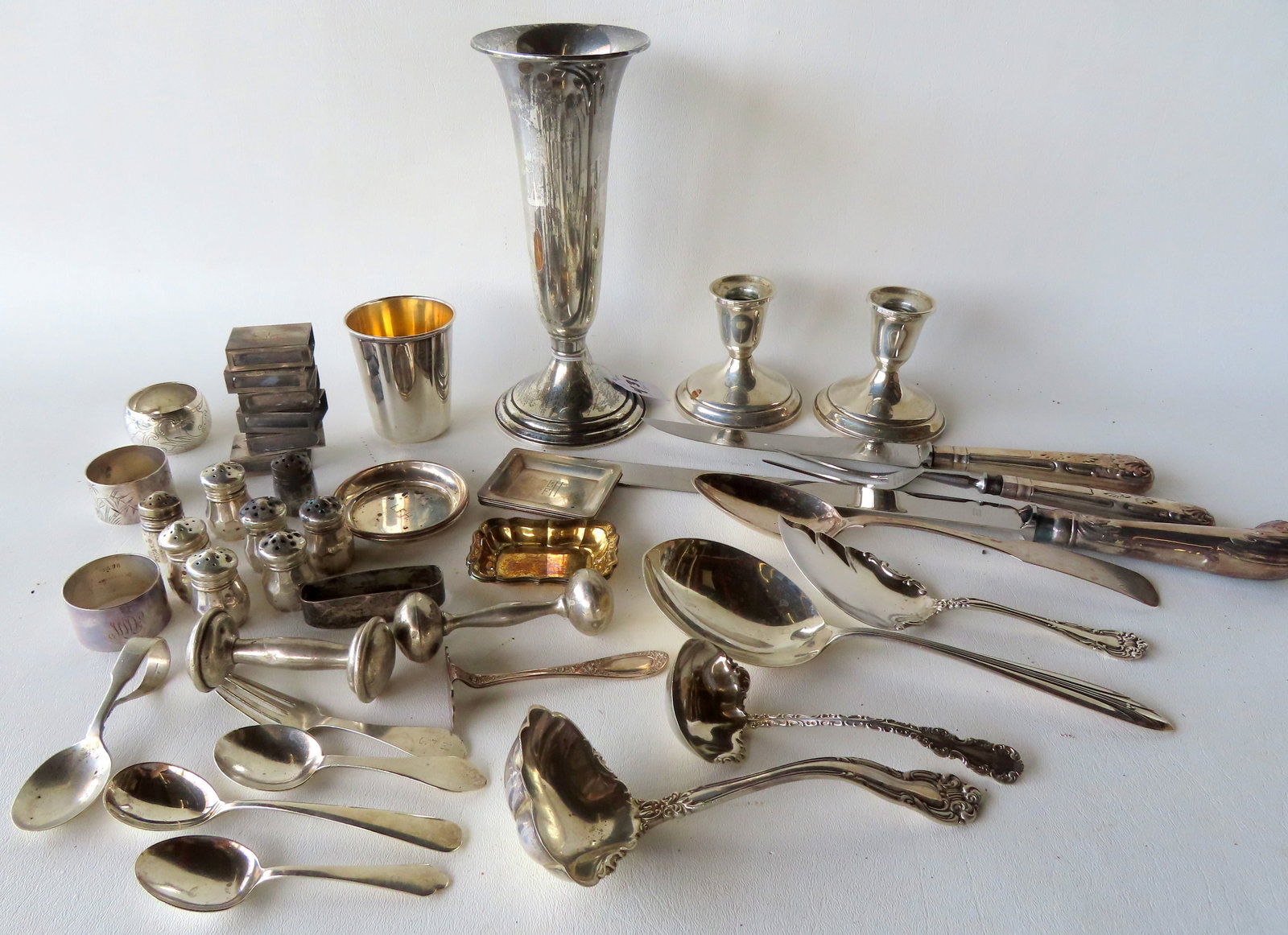 Grouping of mostly sterling silver collectibles. The unweighted sterling items include baby rattles, (1 of 12)