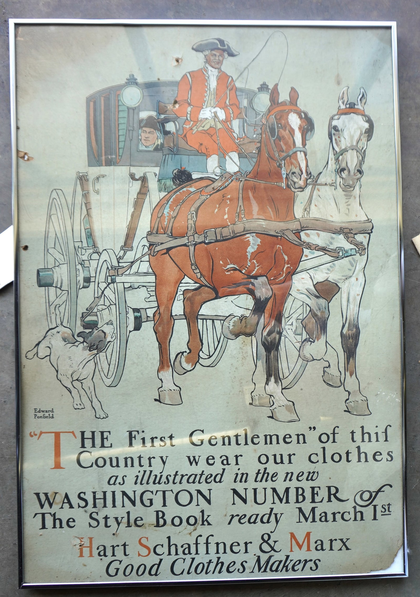 Framed lithograph advertising broadside for Hart, Shaffner & Marx, by Edward Penfield. The cardboard (1 of 3)