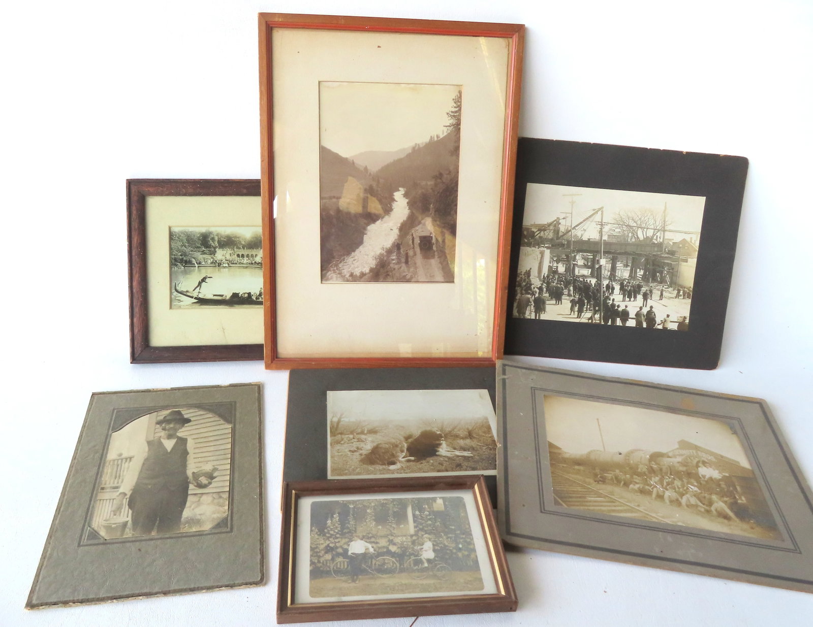 Grouping of 7 interesting photos including 3 framed. The largest, of machine workers posing by RR (1 of 7)