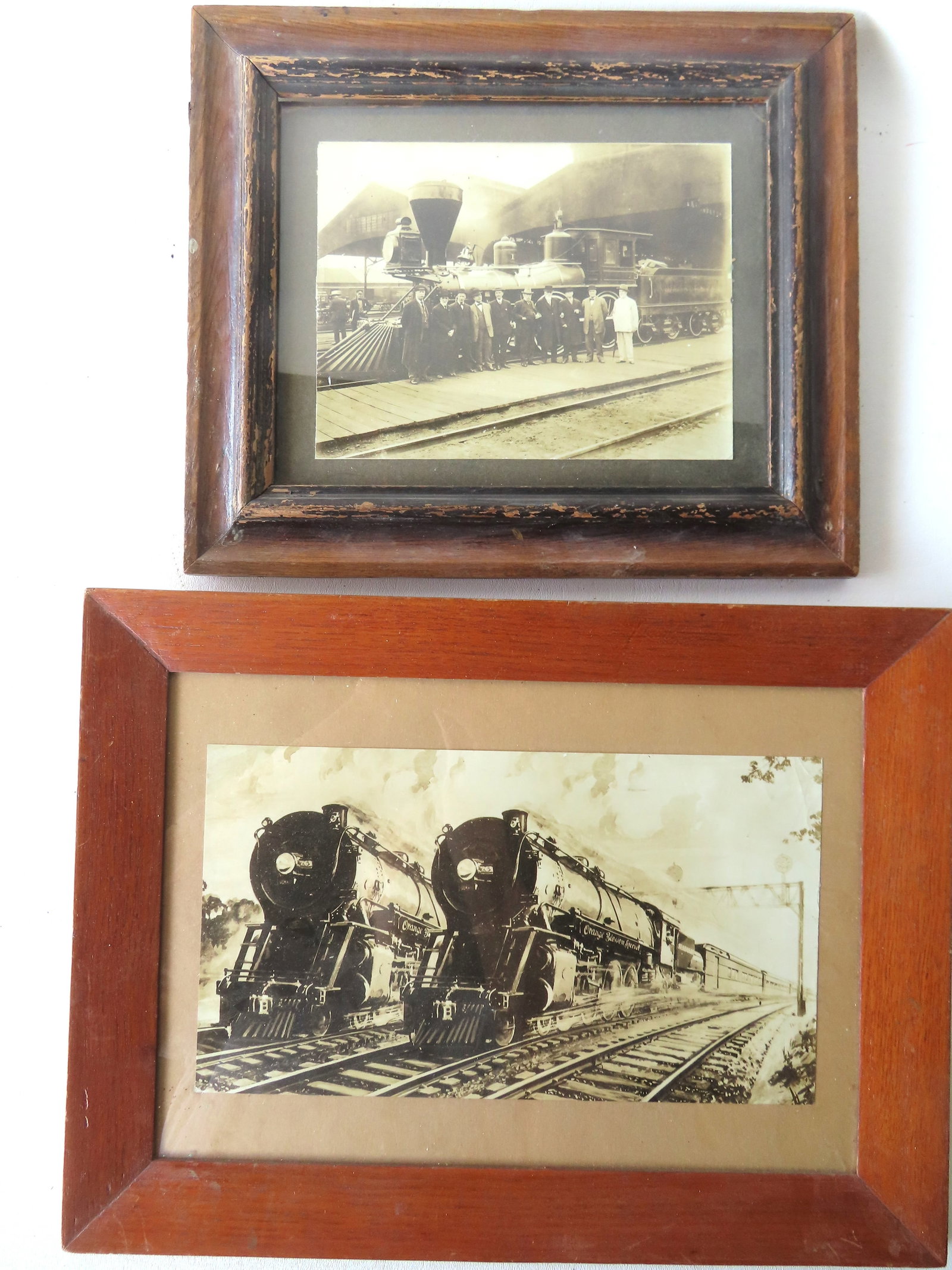 Two frames steam engine related photos: The first with 2 steam engines, one signed "The Orange (1 of 4)