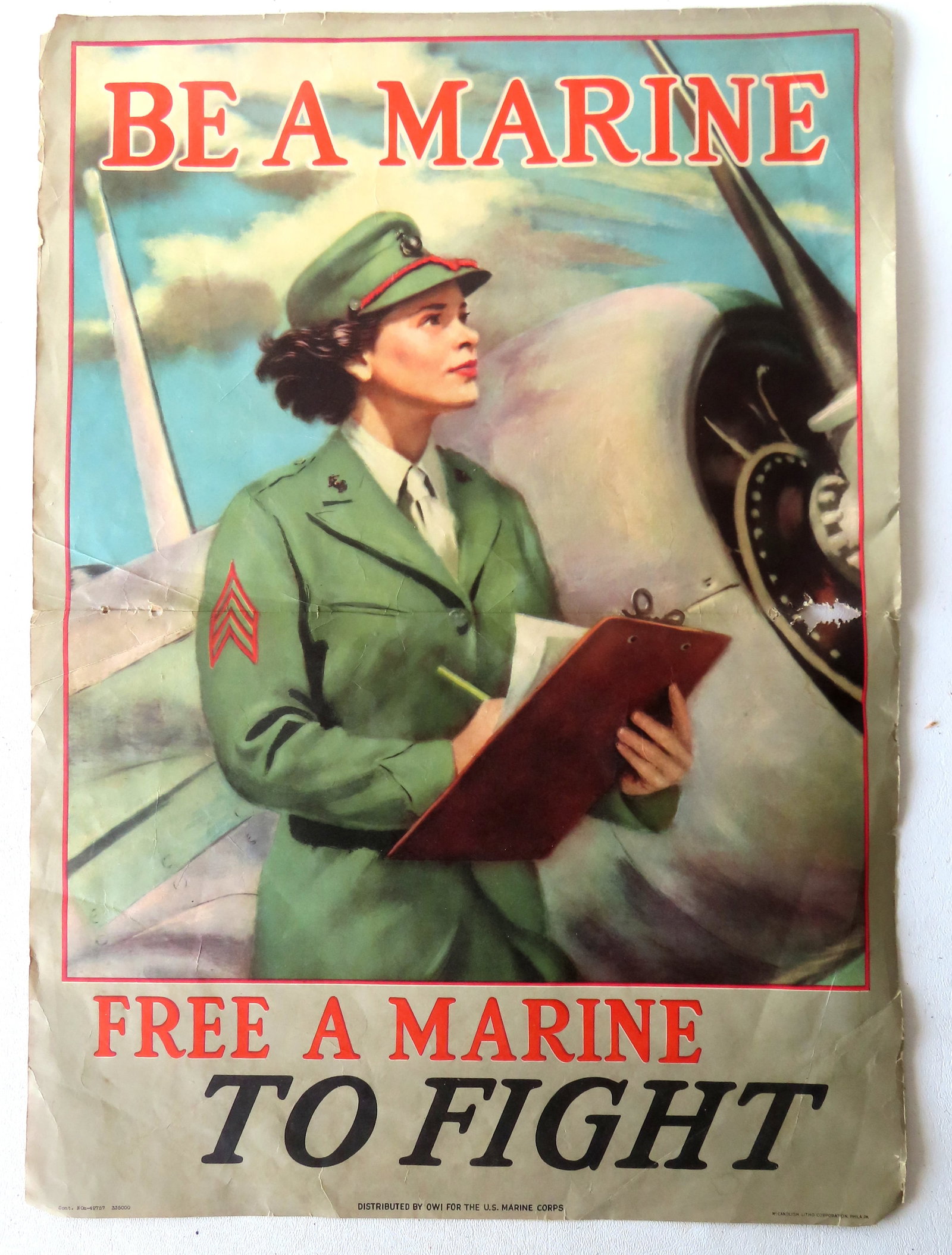 A colorful lithographed WWII poster titled "Be a Marine / Free a Marine to Fight" - distributed by (1 of 5)