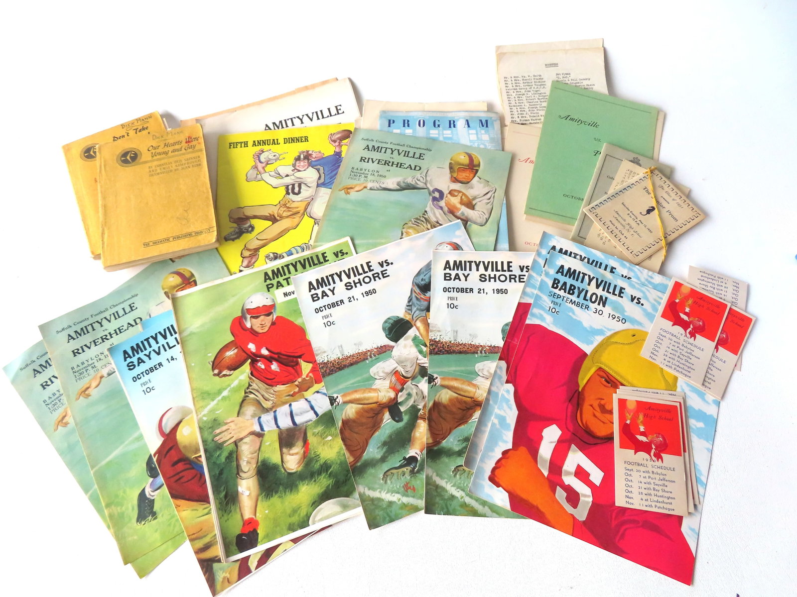 Grouping of Amityville NY high school booklets and programs, 1949 to 1951. Includes 13 football (1 of 6)