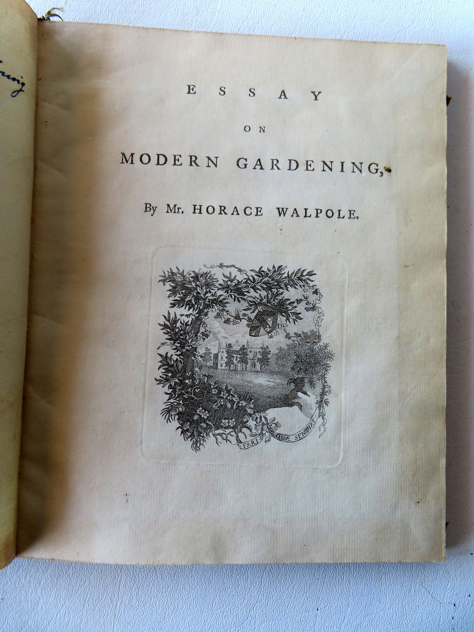 A French book titled "ESSAY ON MODERN GARDENING" by Mr. Horace Walpole, published 1785. The 1785: A French book titled "ESSAY ON MODERN GARDENING" by Mr. Horace Walpole, published 1785. The 1785 French publication related to modern gardening is the bilingual edition of Horace Walpole's Essay on Mo