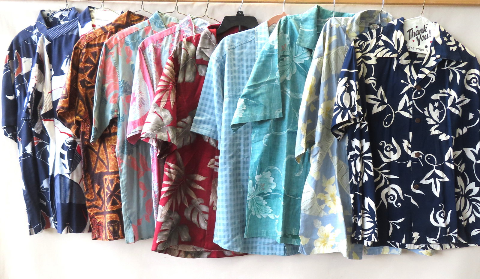 Grouping of 8 casual tropical pattern short sleeve shirts, 6 in Hawaii, 1 all silk made in China,: Grouping of 8 casual tropical pattern short sleeve shirts, 6 in Hawaii, 1 all silk made in China, and all circa 2000 - all very clean and in very good to excellent condition - all marked XL size. Lot 