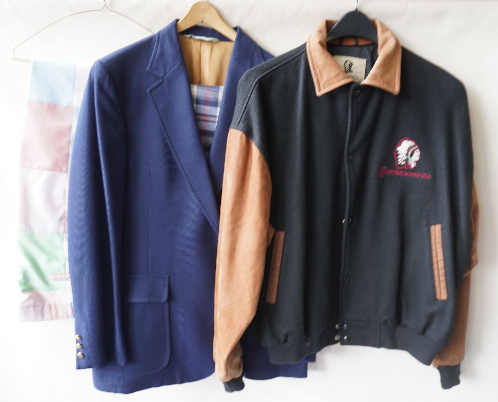 A grouping of men's garments including: Signed "Chippewa Boots" sporting jacket with suede sleeves (1 of 13)