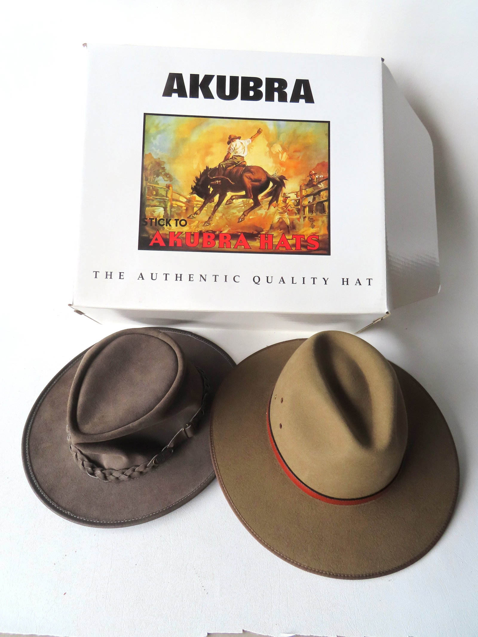 Two Australian bush hats. The first, an Akubra "Goober Pedy" rabbit felt bush hat, in original box, (1 of 15)