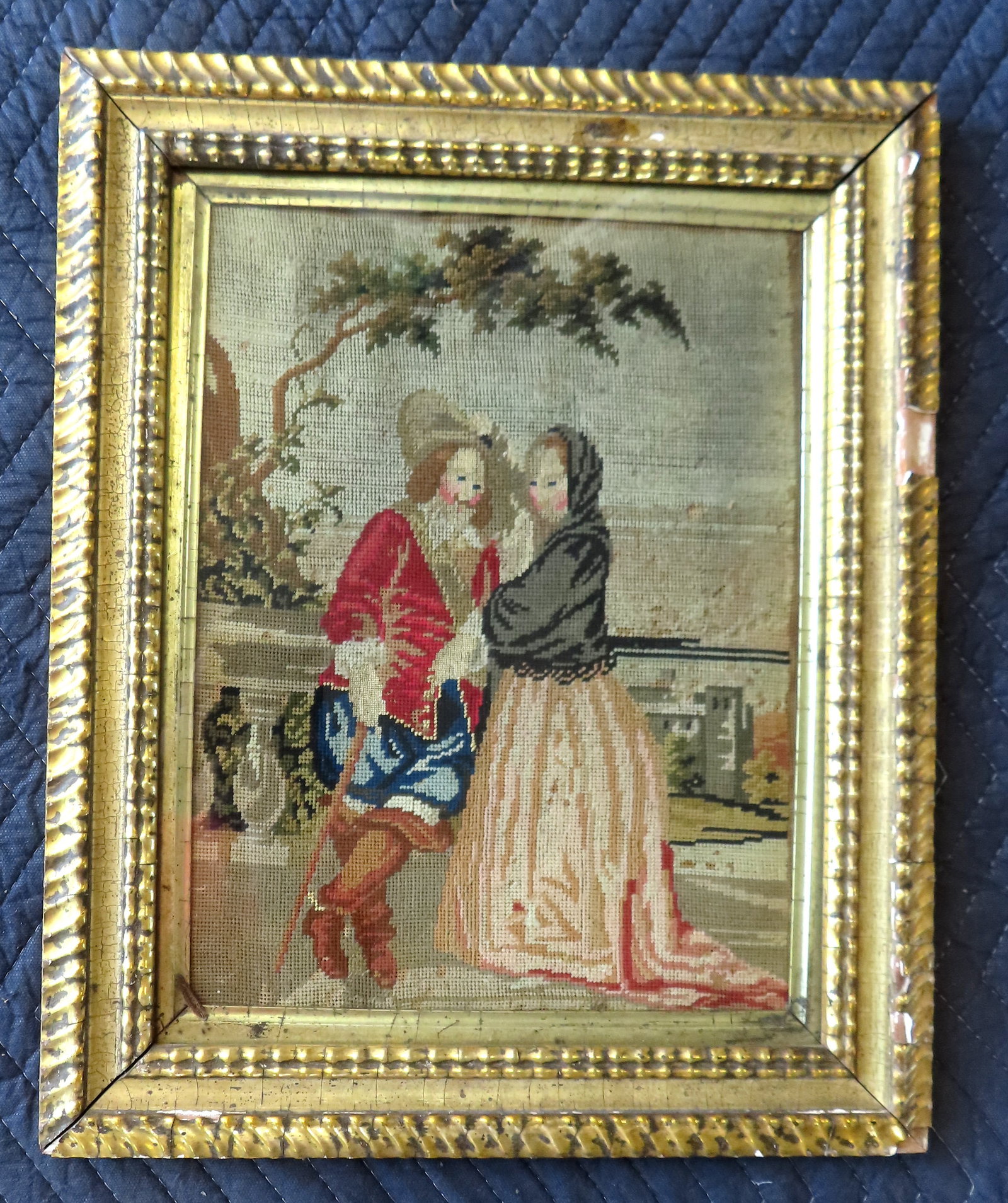 A framed needlepoint & petit-point depicting woman and cavalier standing near porch railing, mid 19t (1 of 7)