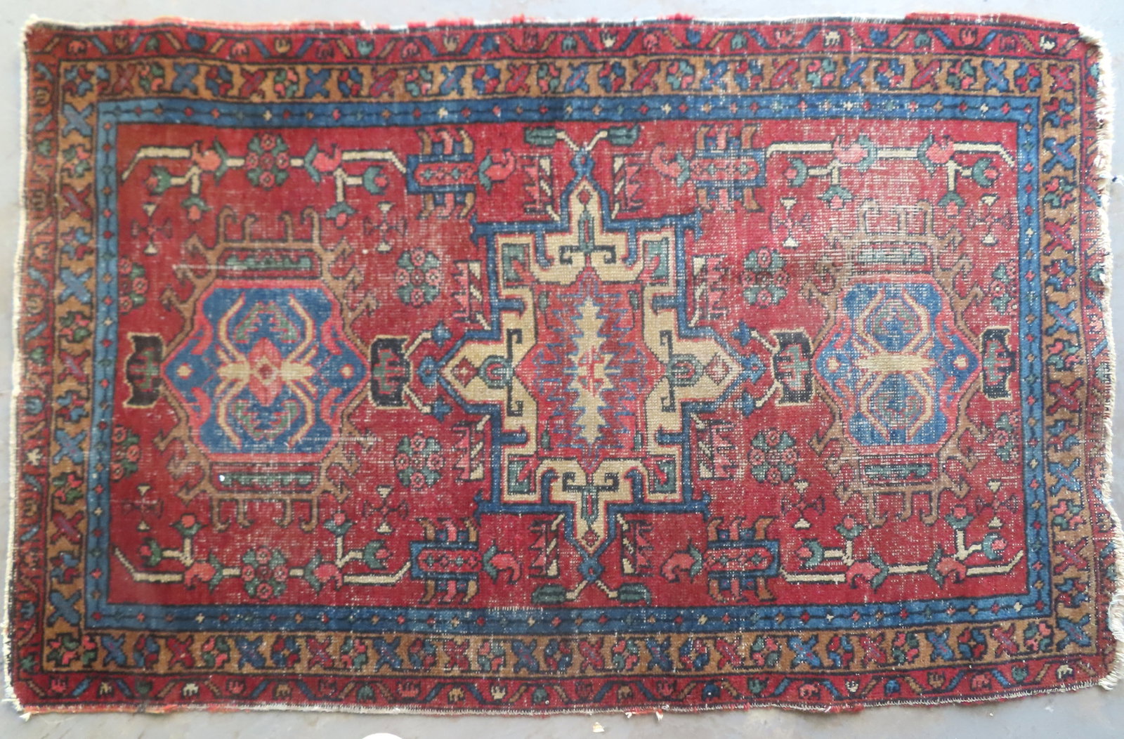Oriental scatter rug, hand knotted, late 19th century. Extensive use wear but good early colors. Mea (1 of 5)