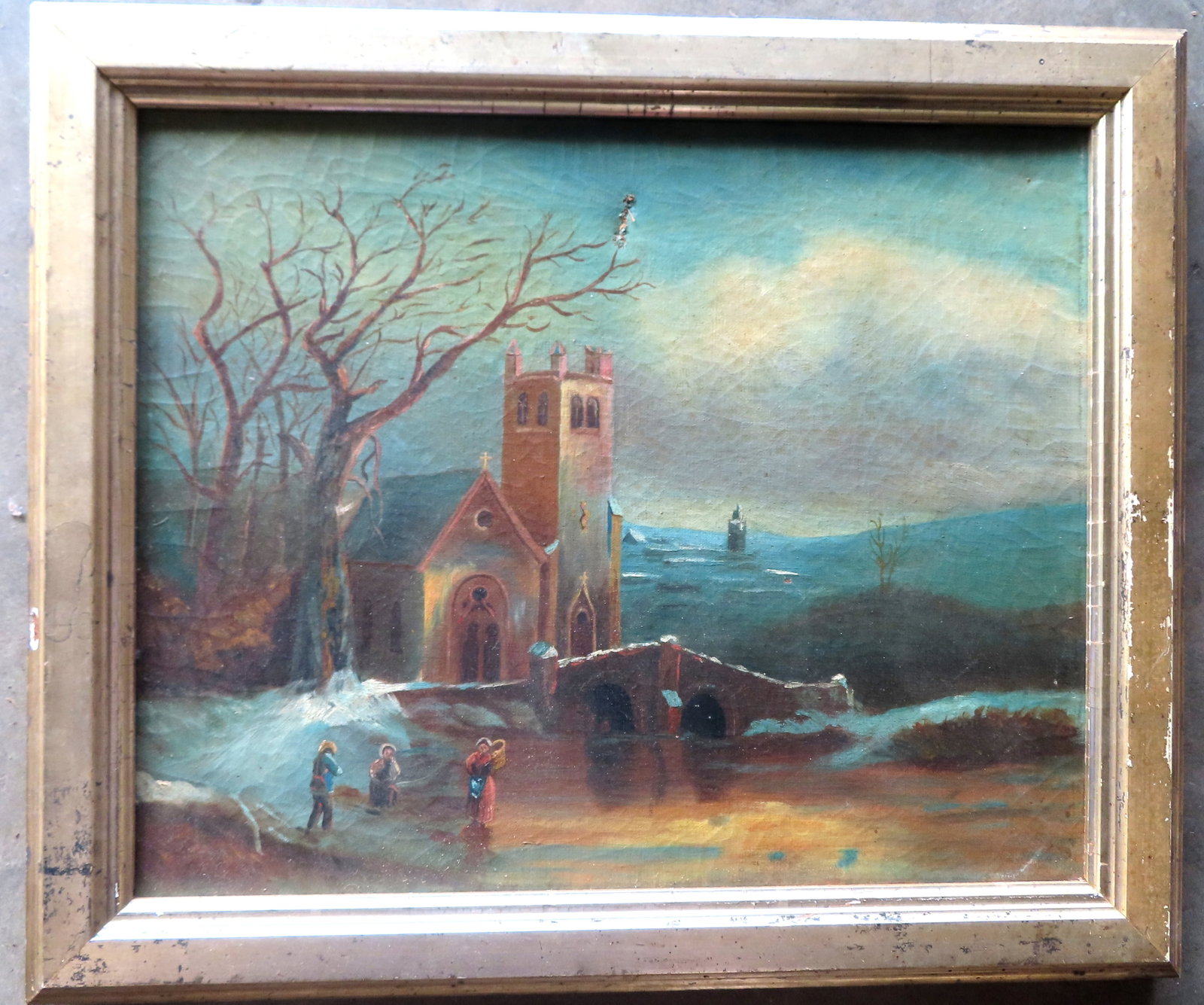 O/C Primitive winter landscape, 19th century. (1 of 3)