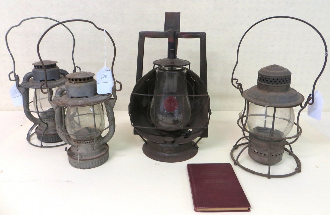 Lot of 4 Railroad lanterns including Erie RR, NYNHNH, B: Lot of 4 Railroad lanterns including Erie RR, NYNHNH, B & M, and Dietz Protector Track Walker Lantern. Also included in the lot is a booklet entitled New York Central & Hudson River Railroad Company -