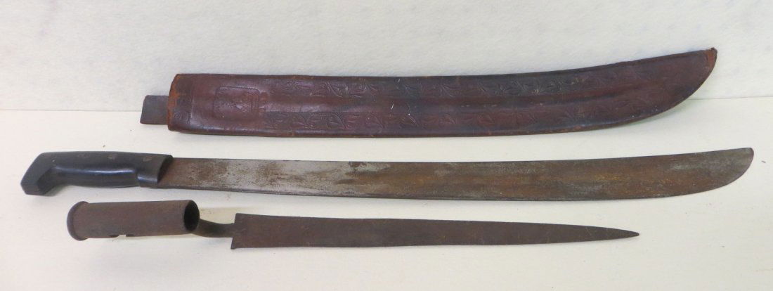 Old military bayonet together with a machete with leath: Old military bayonet together with a machete with leather sheath signed Collins & Co.