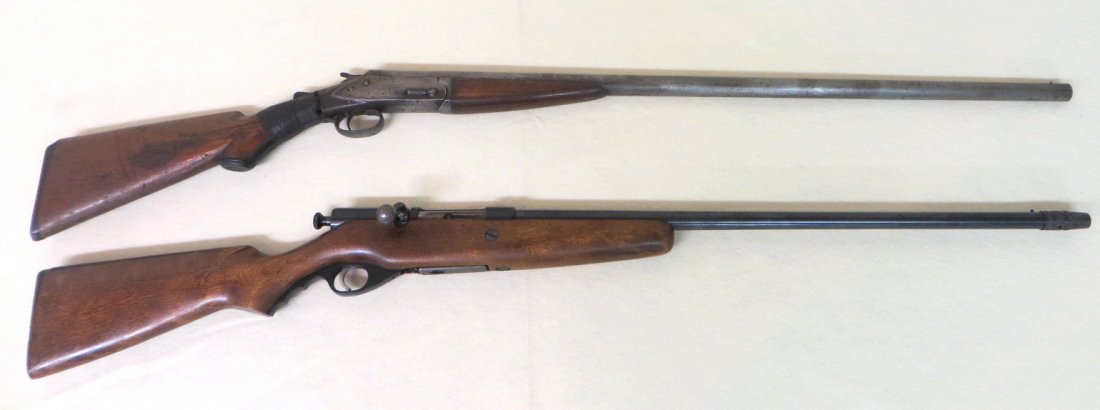 Two old shotguns including bolt action signed Ward West: Two old shotguns including bolt action signed Ward Western Field -20 ga. and a single shot signed John Smyth Co (taped repair to stock).