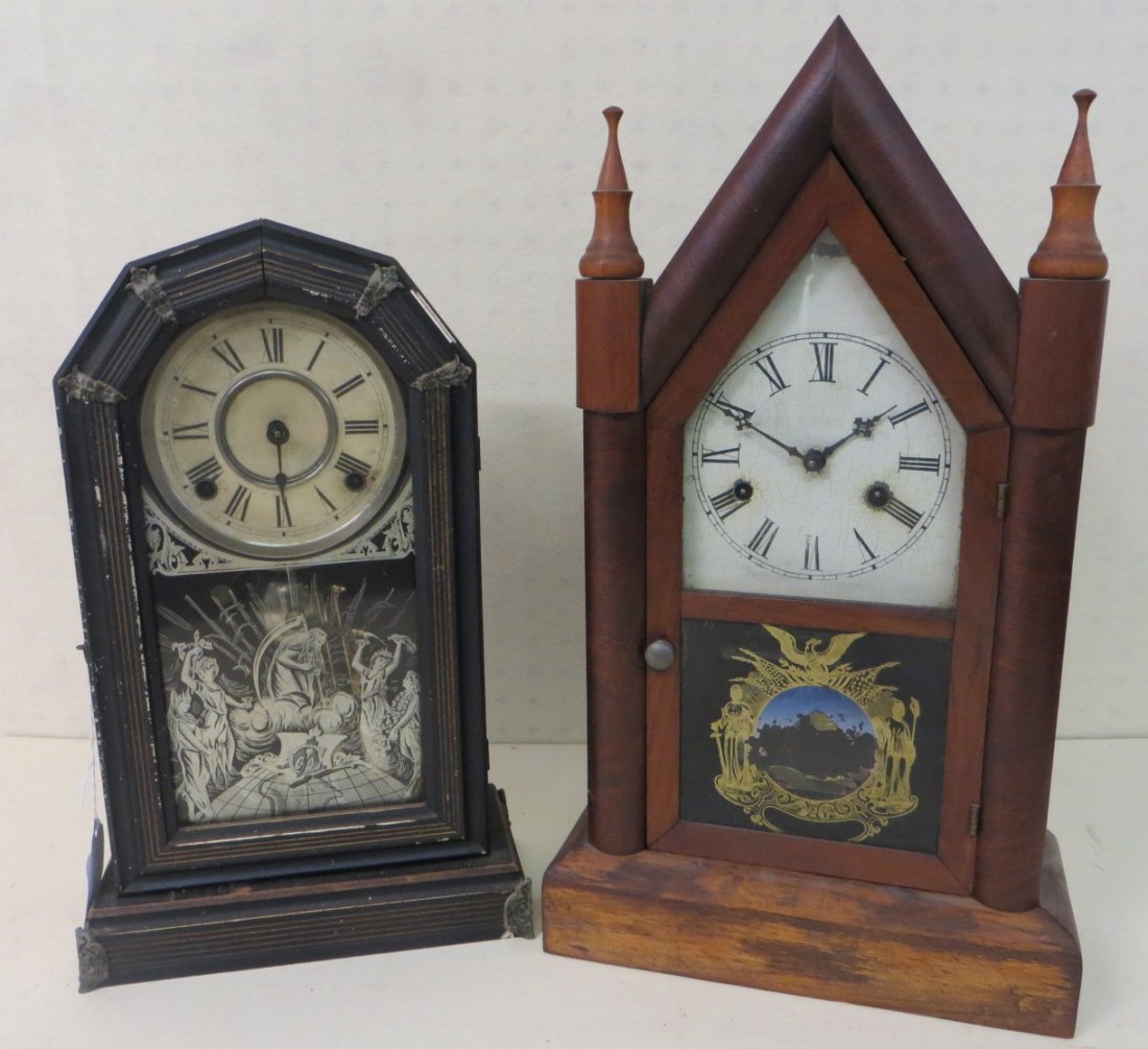 Two Victorian mantle clocks including Ansonia "Flint" w: Two Victorian mantle clocks including Ansonia "Flint" with reverse painting of Father Time on front door, and Gilbert with reverse painting patriotic scene front door (losses to paint).