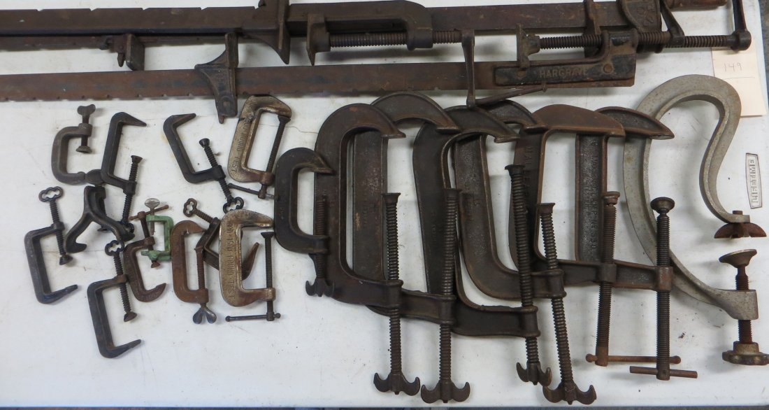 Lot of 3 large iron furniture clamps and 19 "C" clamps.: Lot of 3 large iron furniture clamps and 19 "C" clamps.