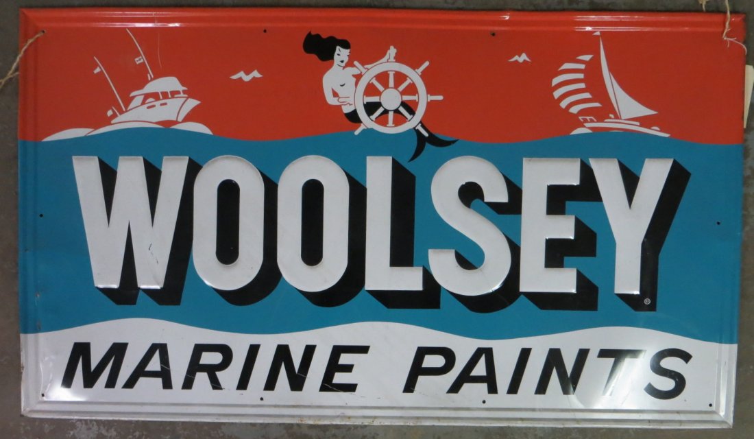 Large tin sign for Woolsey Marine Paints - good origina: Large tin sign for Woolsey Marine Paints - good original color in orange, green, black and white. Circa 1950. 32" x 55.5".