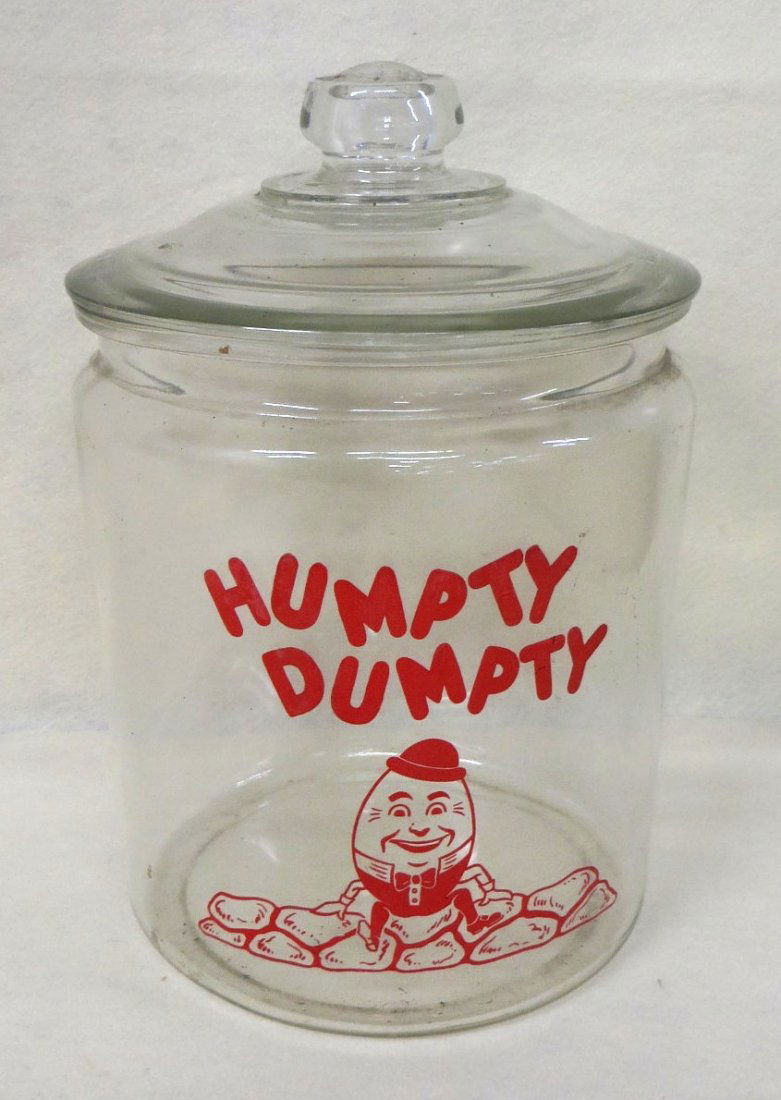 Humpty Dumpty glass cookie jar circa 1950 - 13.5"H.: Humpty Dumpty glass cookie jar circa 1950 - 13.5"H.