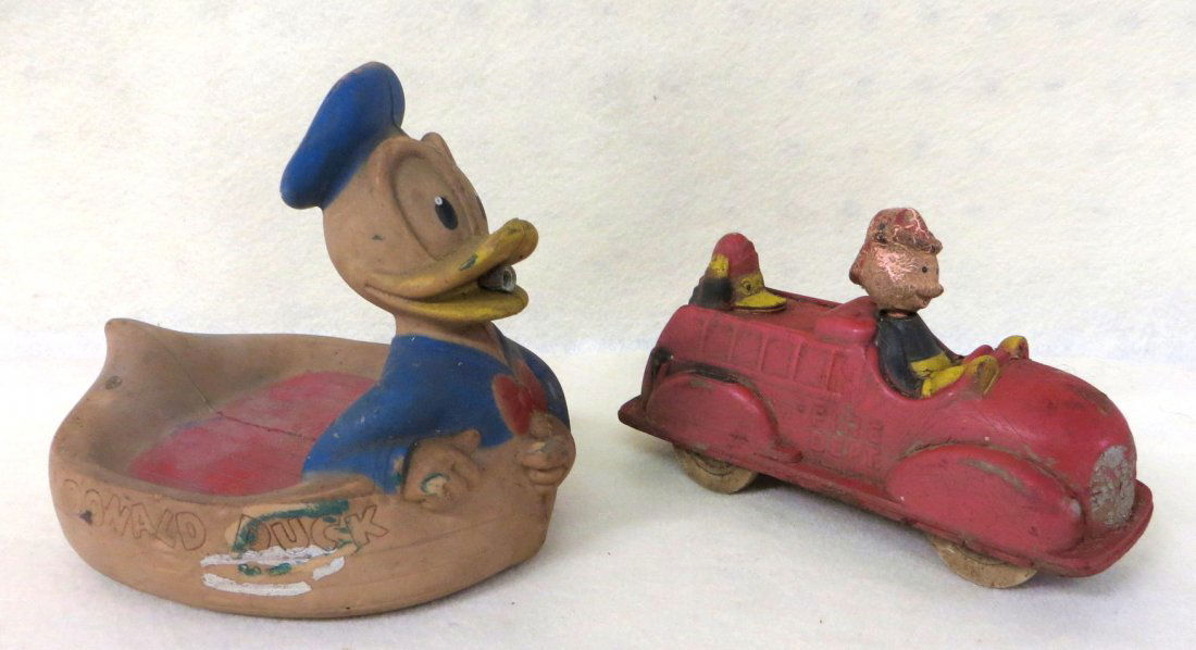 Two Sun Rubber toys including Mickey Mouse Fire truck a: Two Sun Rubber toys including Mickey Mouse Fire truck and Donald Duck bath tub boat, both copyright Walt Disney.