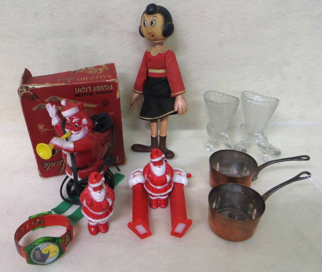 Lot of miscellaneous toys and Christmas decorations inc: Lot of miscellaneous toys and Christmas decorations including Tally Ho Santa in original box, 2 Santa Pez dispensers, 2 small plastic Santa candy containers, Nightmare Before Christmas wrist watch, 2