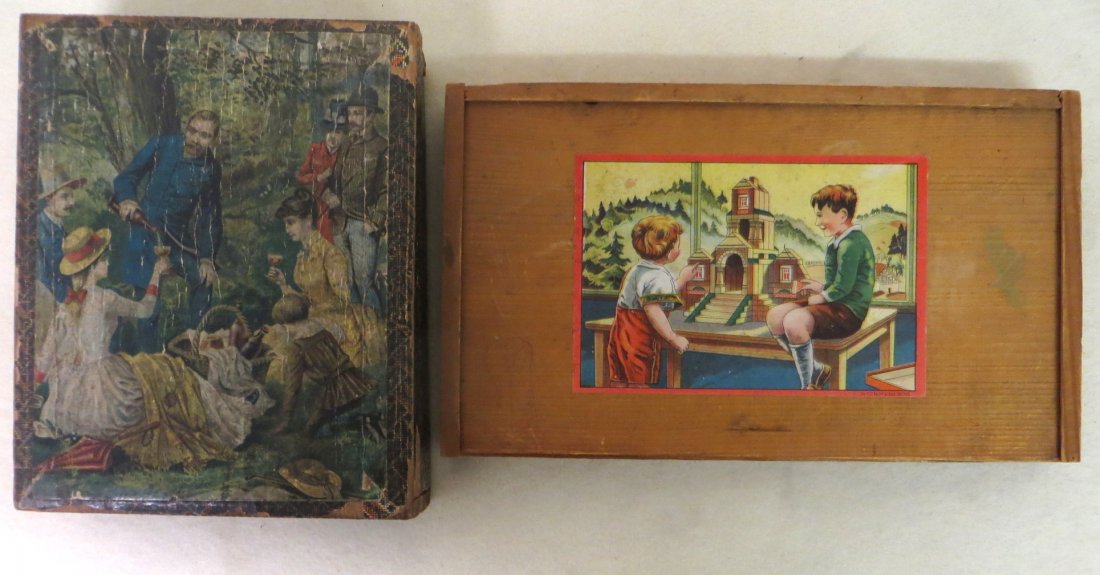 Victorian lithographed boxed puzzle blocks together wit: Victorian lithographed boxed puzzle blocks together with a child's wooden building set in original box.