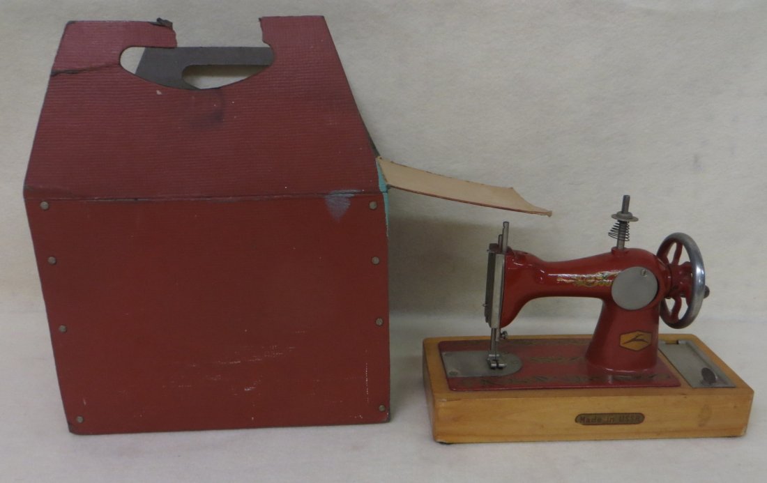 Child's toy sewing machine in original box - original p: Child's toy sewing machine in original box - original paint and stencil - Made in USSR - circa 1930-50.