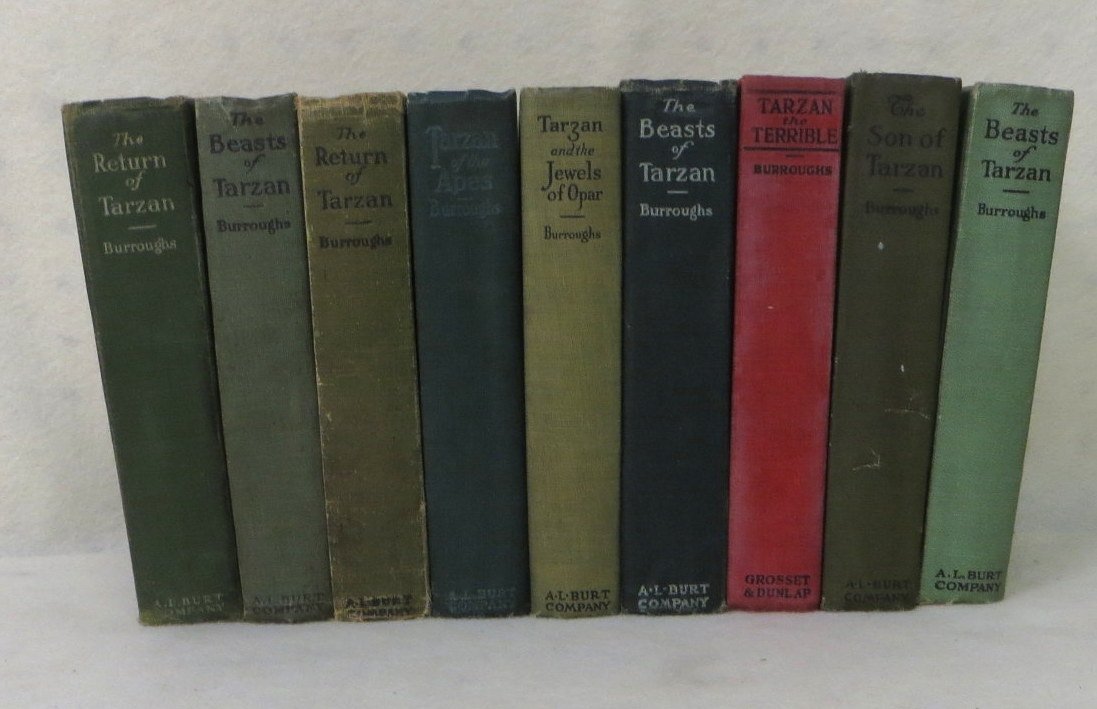 Lot of nine Tarzan books from early 20th century, overa: Lot of nine Edgar Rice Burroughs Tarzan books from early 20th century, overall good condition with some fraying at spine. Includes The Son of Tarzan pub. NY 1917, The Beasts of Tarzan pub. 1916, Tarza