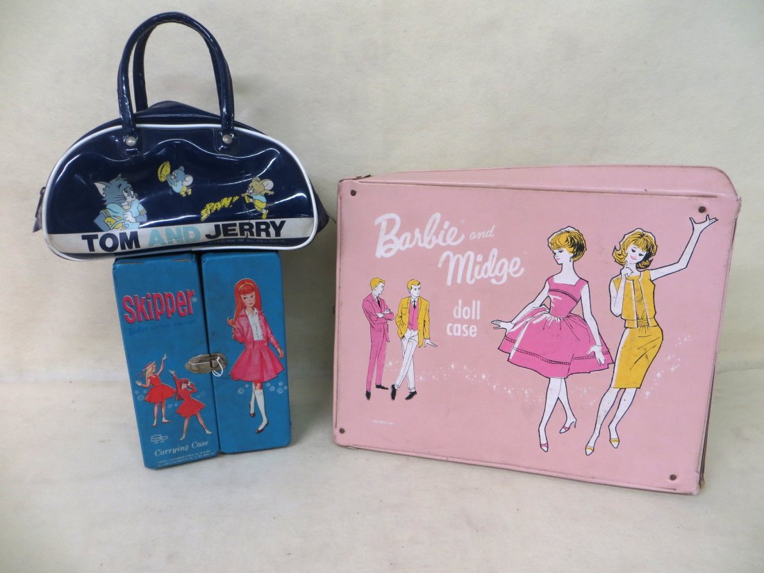 Skipper, Barbie, Midge Dolls in original box 1958: Skipper doll in original box with many clothes, Barbie and Midge Dolls in original case with clothes dated 1958 and a Tom & Jerry vinyl hand bag.
