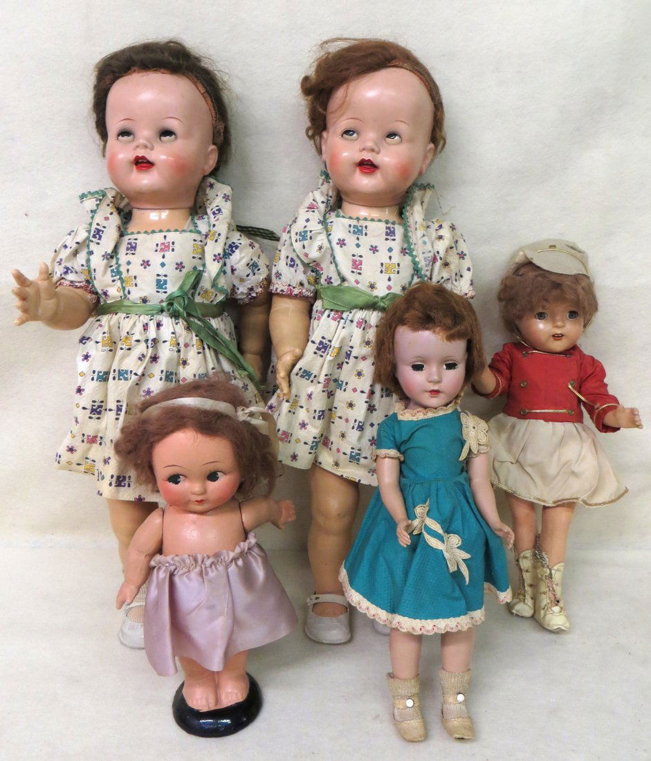 Collection of 5 composition dolls including 2 walkers s: Collection of 5 composition dolls including 2 walkers signed Ideal, unmarked girl with roller skates (missing skates) in original costume, composition Kewpie,etc.