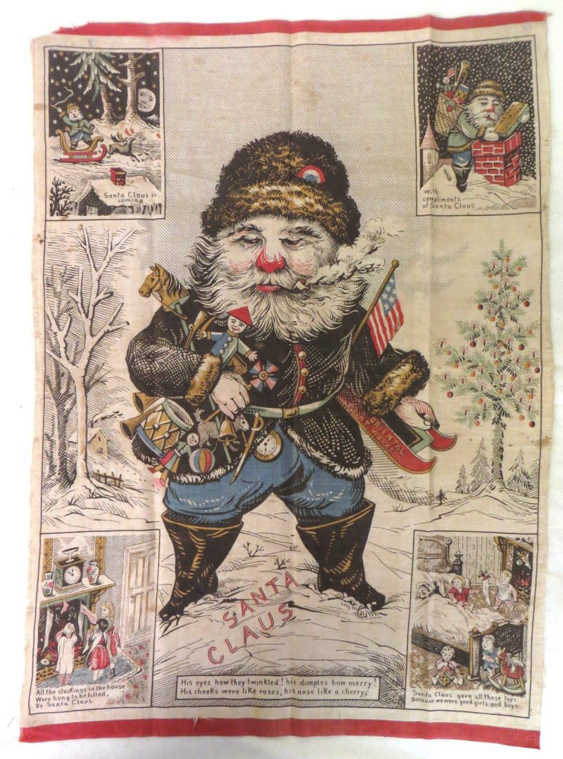 Santa Claus lithograph printed scarf or pattern - late : Santa Claus lithograph printed scarf or pattern - late 19th century signed Oriental Print Works - 24" x 17".
