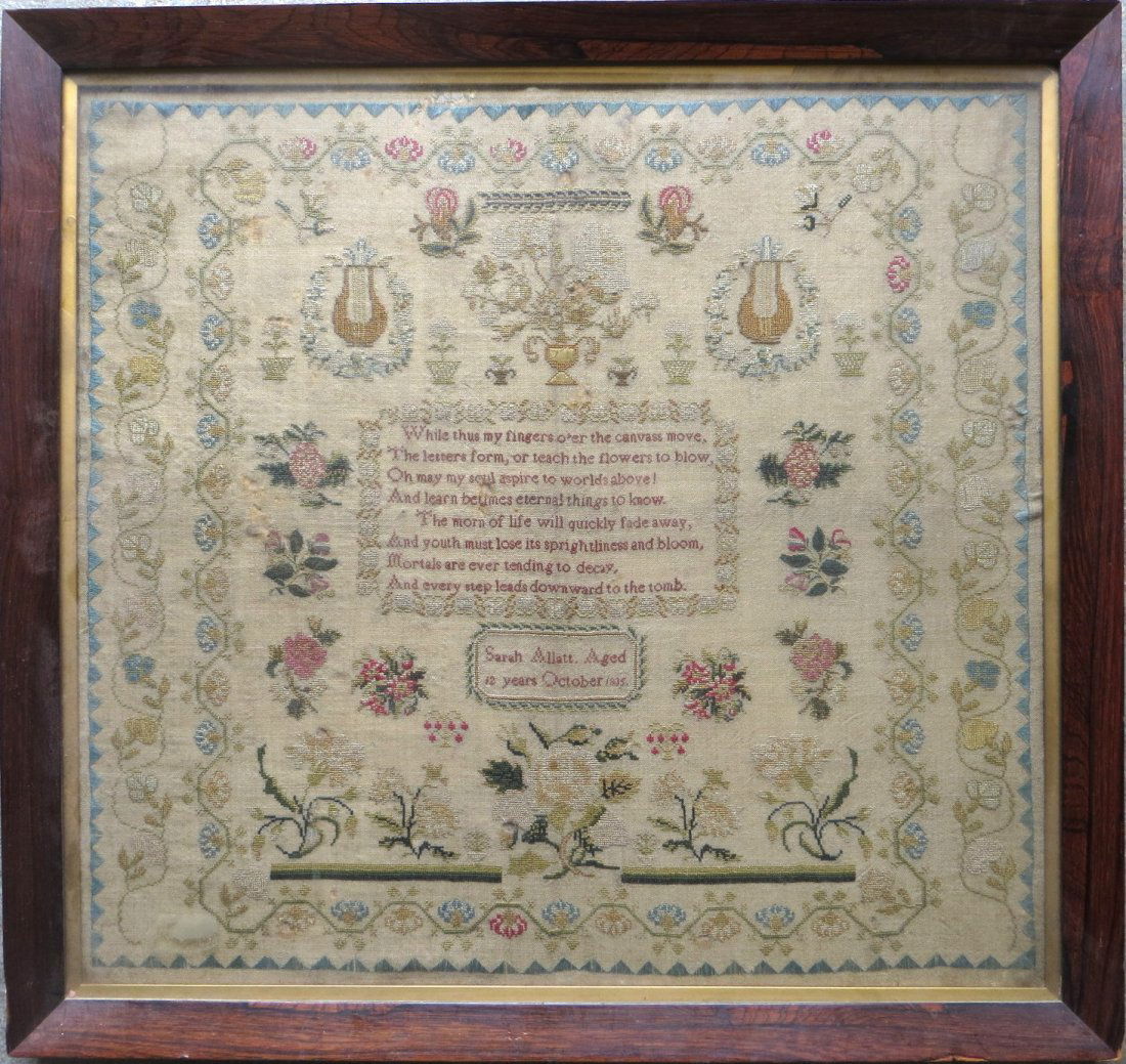 Motto sampler signed "Sarah Allatt. Aged 12 years Octob: Motto sampler signed "Sarah Allatt. Aged 12 years October 1835". Sampler has a saw tooth border encasing 2 floral and vine borders surrounding verse, potted flowers, large urn with flowers, etc. Engli