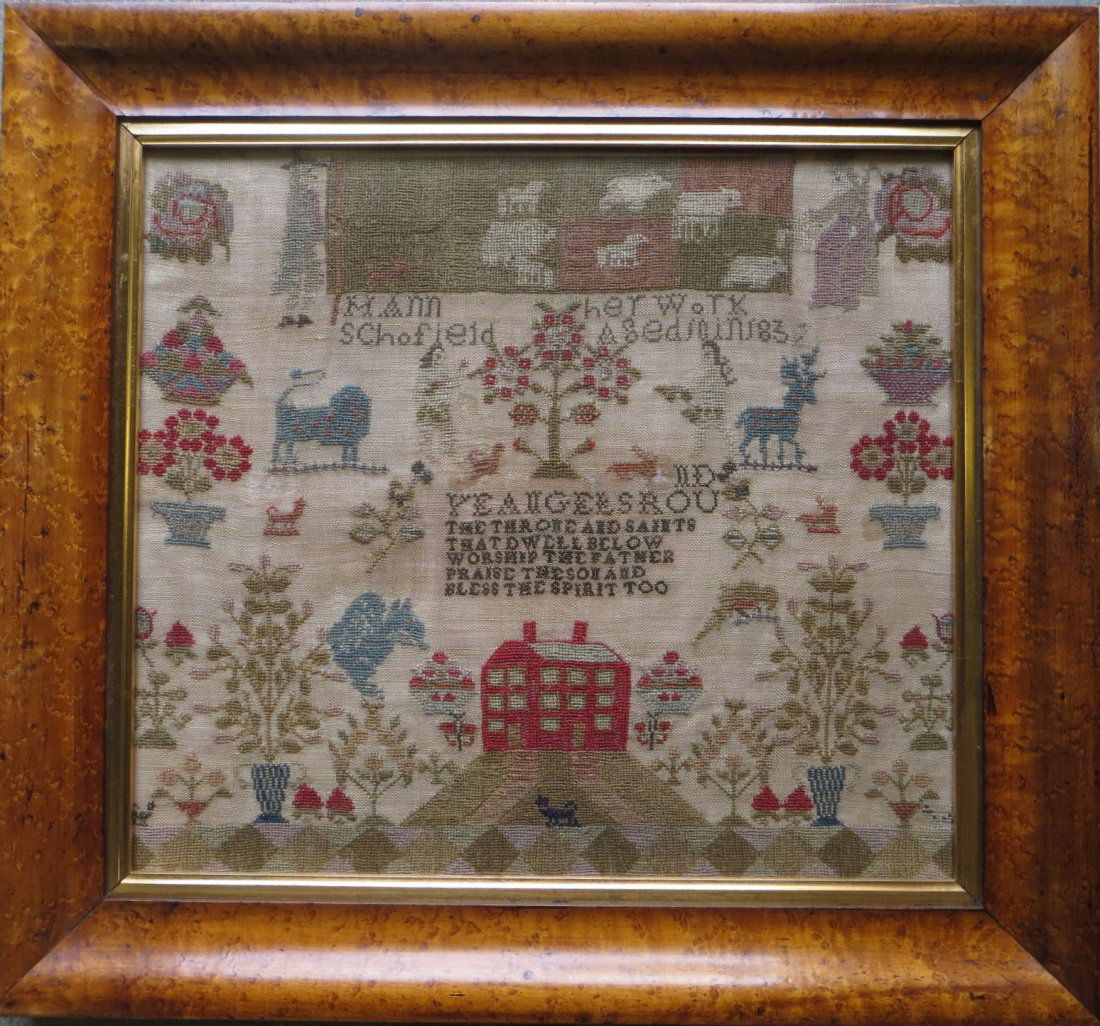 Motto sampler signed "IMann Schofield Her Work Aged 10: Motto sampler signed "IMann Schofield Her Work Aged 10 in 1837". Sampler has a religious verse and decorated with men and women, potted flowers, lions, deer, tree with parrot, farmhouse on hill, etc.