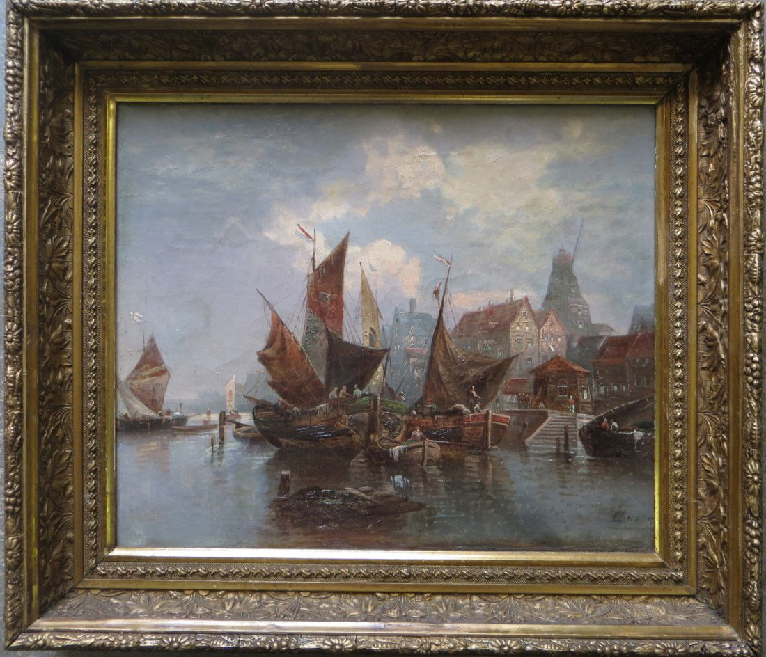 O/C Harbor scene with fishing sail boats, fisherman an: O/C Harbor scene with fishing sail boats, fisherman and buildings - signed illegibly - several repairs noticeable on reverse. Probably early 19th century Dutch. Currently mounted in an old 19th centur
