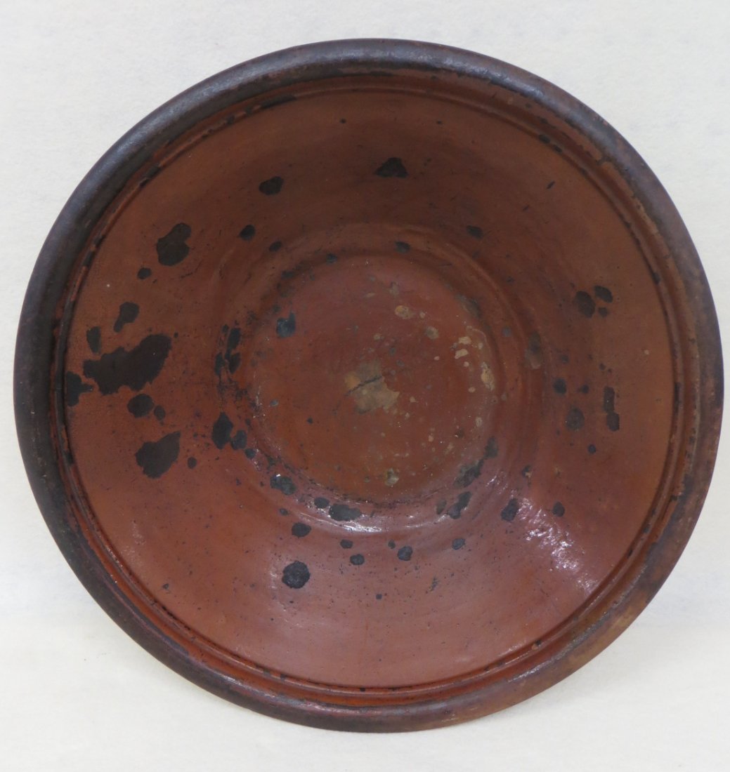 Large early redware bowl with glazed interior (some gla: Large early redware bowl with glazed interior (some glazing chips) - no glazing on exterior - 16.5"D x 4.25"H.