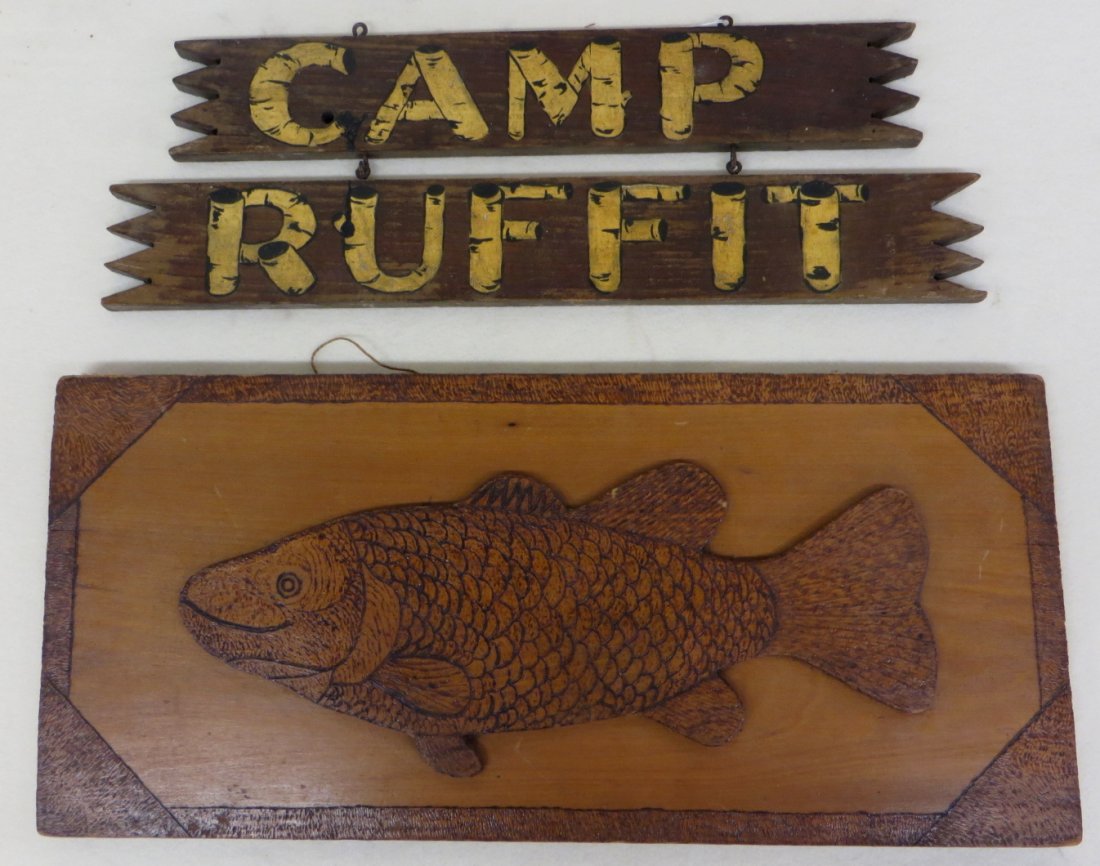 Two old wooden rustic signs including Flemish Art wood : Two old wooden rustic signs including Flemish Art wood fish applied to plank 12" x 26" and a "Camp Ruffit" hanging sign with faux white birch lettering - 8" x24".