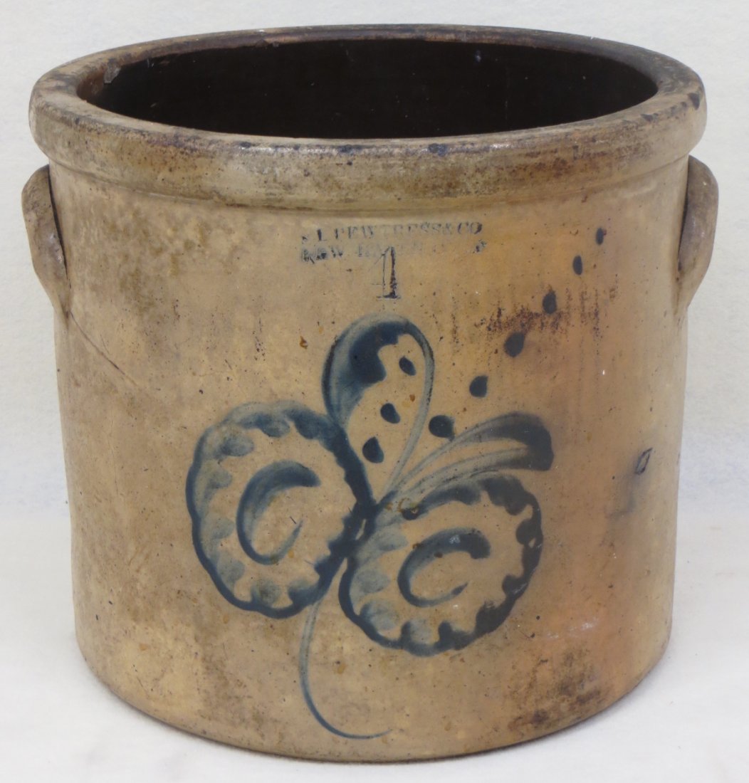 Stoneware 4 gal. crock with blue flower design signed E: Stoneware 4 gal. crock with blue flower design signed E.L. Pewtress & Co. New Haven Conn. - some staining - rim chips.