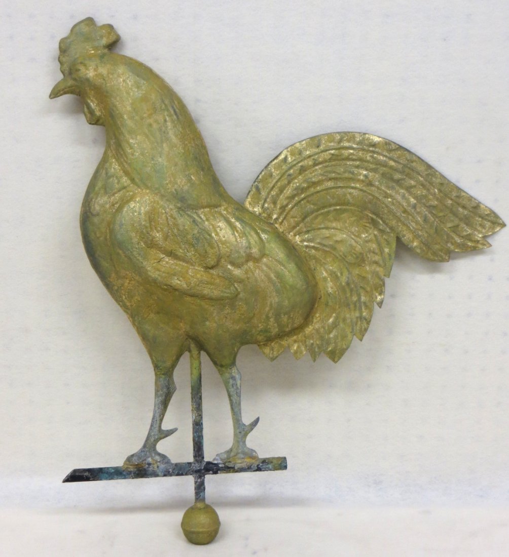 Large full body copper rooster weathervane, older yello: Large full body copper rooster weathervane, older yellow paint over original gilding - cast zinc legs, fine feather details. 19th century. 26"H.