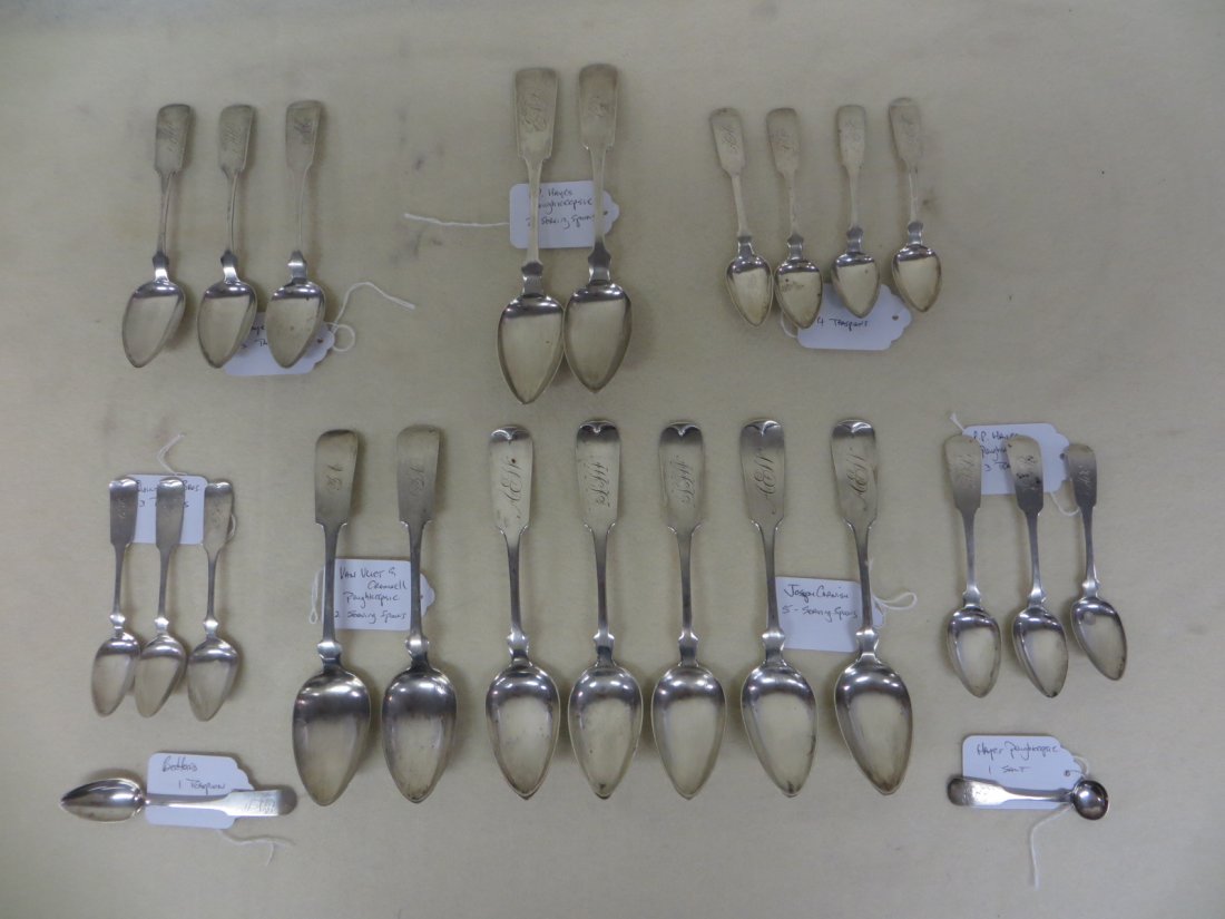 Lot of 24 mostly Poughkeepsie NY coin silver spoons inc: Lot of 24 mostly Poughkeepsie NY coin silver spoons including 3 P.P. Hayes teaspoons, 2 P.P. Hayes serving spoons, 2 Van Vliet & Crowell serving spoons, 5 Jasper Cornish serving spoons, 3 Quintard Bro