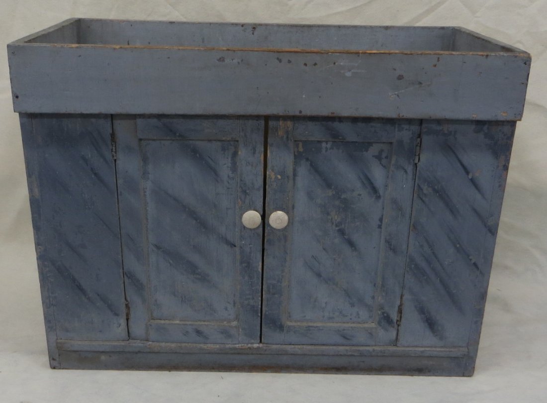 Early smoke painted grey dry sink, never had backboards: Early smoke painted grey dry sink, never had backboards, 2 doors in original paint - original drain. 38"L x 18.25"D x 28.5"H.