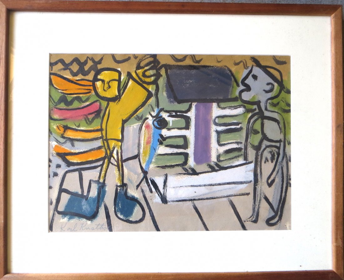 Karl Knaths - Two colorful O/B Abstract scenes with: Karl Knaths - Two colorful O/B Abstract scenes with fish and fisherman signed Karl Knaths, probably Provincetown MA. (Mass. 1891-1971) - Paintings on front and back of artist board - Both 14.5" x 10.5