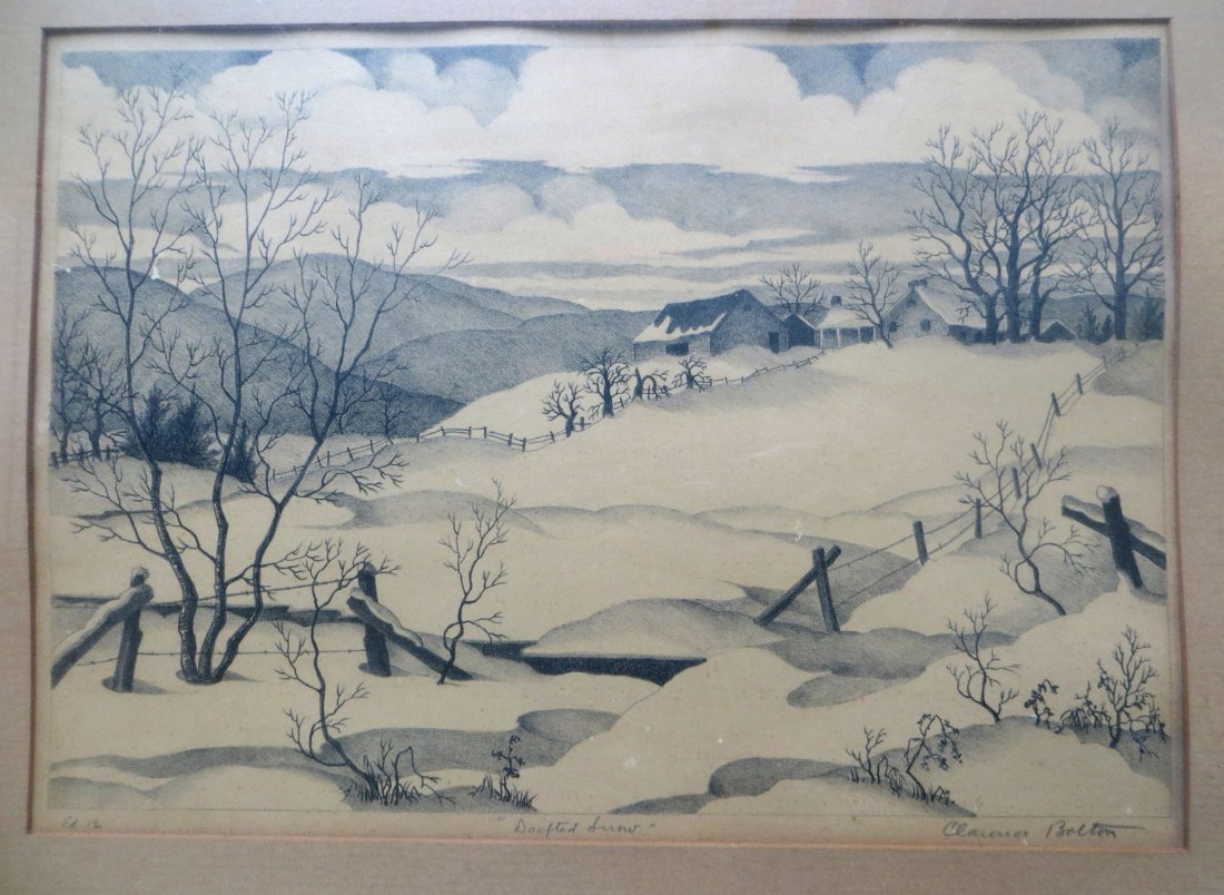 Landscape etching of snow covered hills entitled: Landscape etching of snow covered hills entitled "Drifted Snow" and signed Clarence Bolton, Ed. 12 (Woodstock NY 1893-1962). 13" x 9.5".