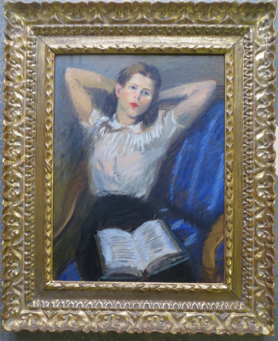 O/B Young girl resting with book in lap signed Isaac: O/B Young girl resting with book in lap signed Isaac Soyer (NY 1902-1981). Note frame stamped on reverse "Frame by Bernard Walsh E. 69th St. NY". 12" x 16".