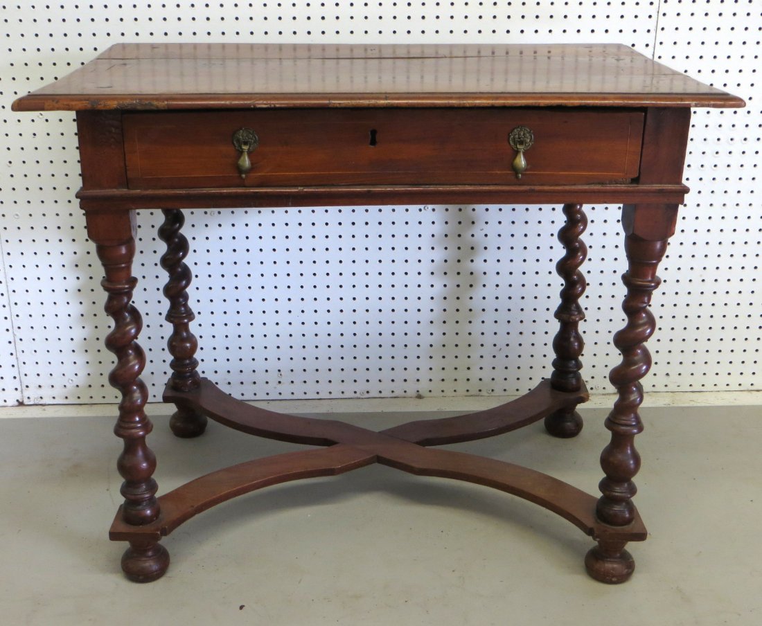 Early continental work table - string inlay on drawer: Early continental work table - string inlay on drawer and top - rope twist legs with x-formed stretcher - some restoration - probably English 17th century. 35"L x 22"D x 28.5"H.