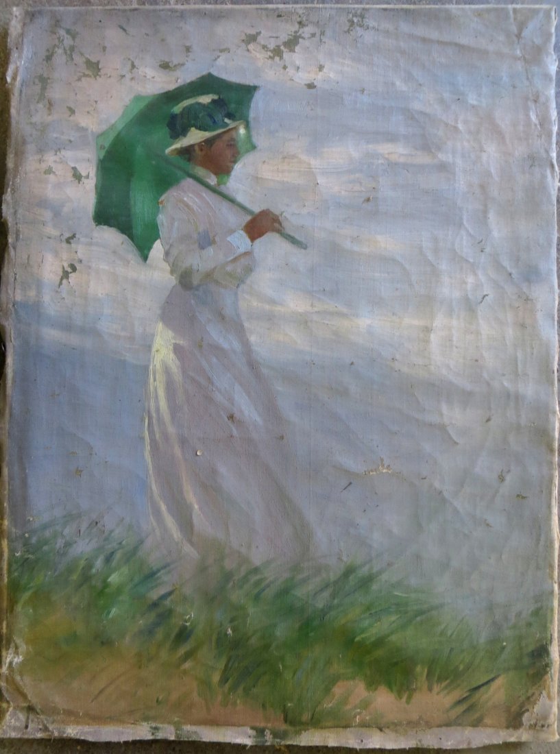 O/C Portrait of a young woman on beech - some paint: O/C Portrait of a young woman on beech - some paint loss upper left corner - 18" x 24" - early 20th century.