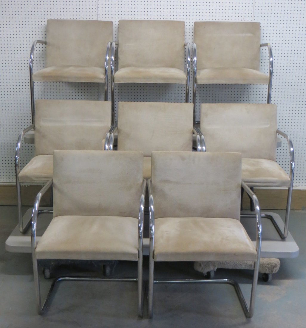 Set of 8 suede and chrome arm chairs signed Knoll Int.: Set of 8 suede and chrome arm chairs signed Knoll Int. dated May 3 1983 with original shipping label to Scarsdale NY.