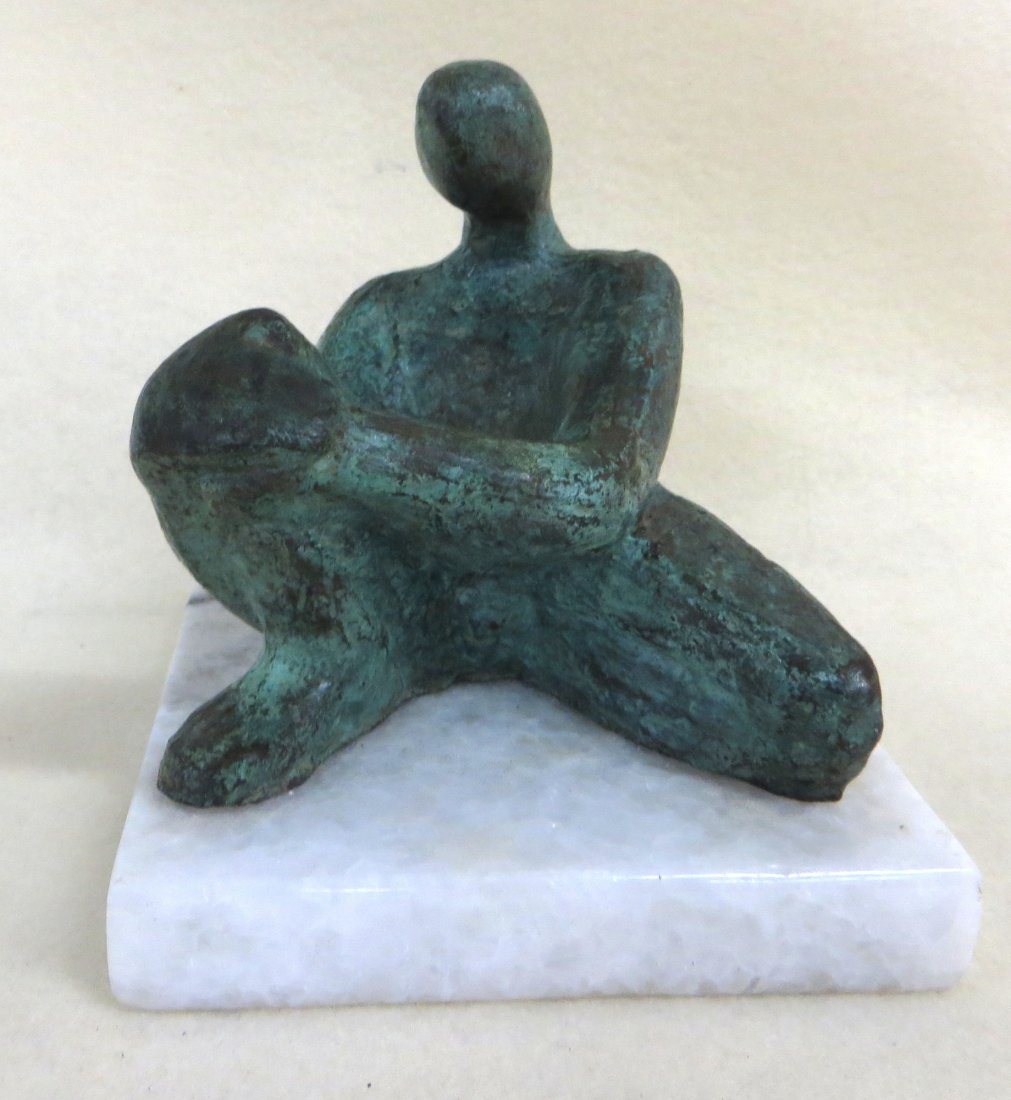 Bronze modernistic sculpture of seated man on marble: Bronze modernistic sculpture of seated man on marble base - signed Victor Salmones (Mexico 1937-1989) - 5"H.