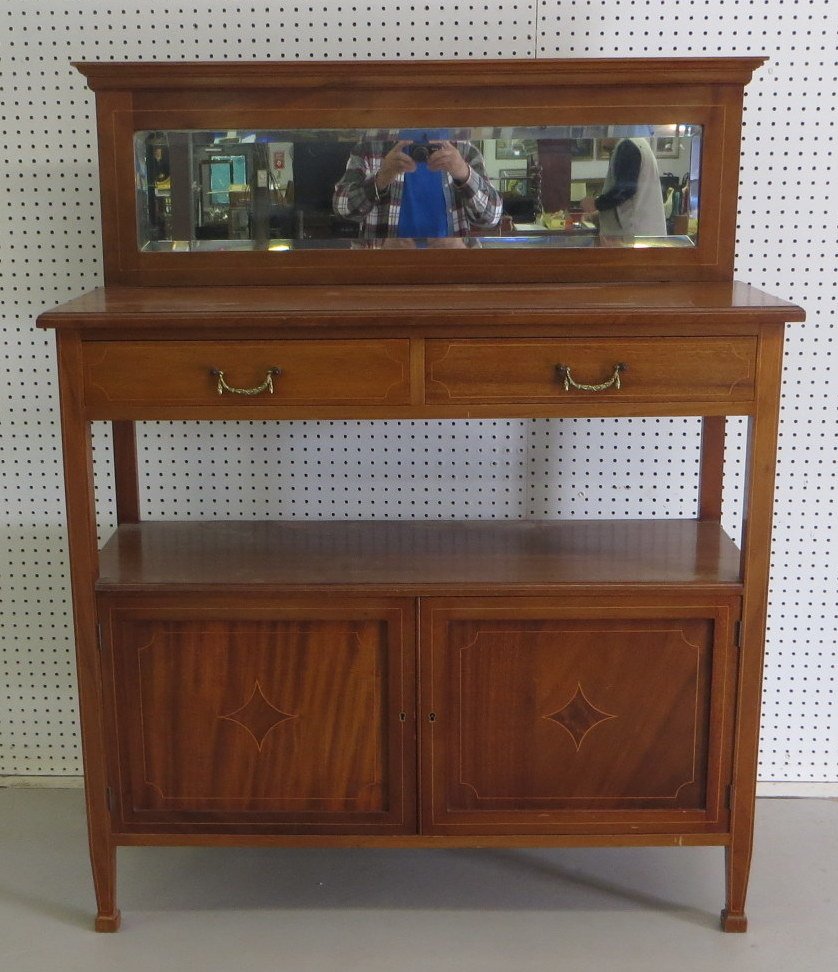 Beautiful mahogany server with beveled mirror back,: Beautiful mahogany server with beveled mirror back, line inlay, having 2 drawers over open shelf over 2 cabinet doors on base - bench made with hand dovetailed drawers - probably late 19th to early 20
