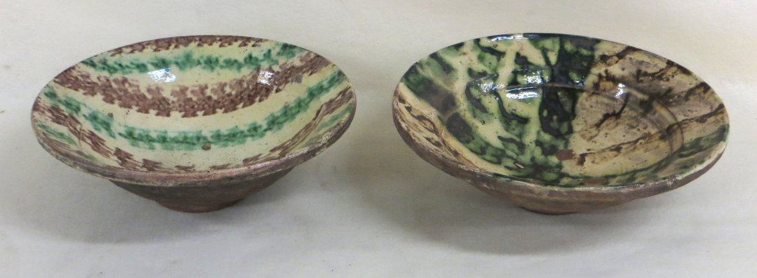 Two late 19th century French hand painted earthenware: Two late 19th century French hand painted earthenware bowls with sponge decorations - 11.75"D x 4"H