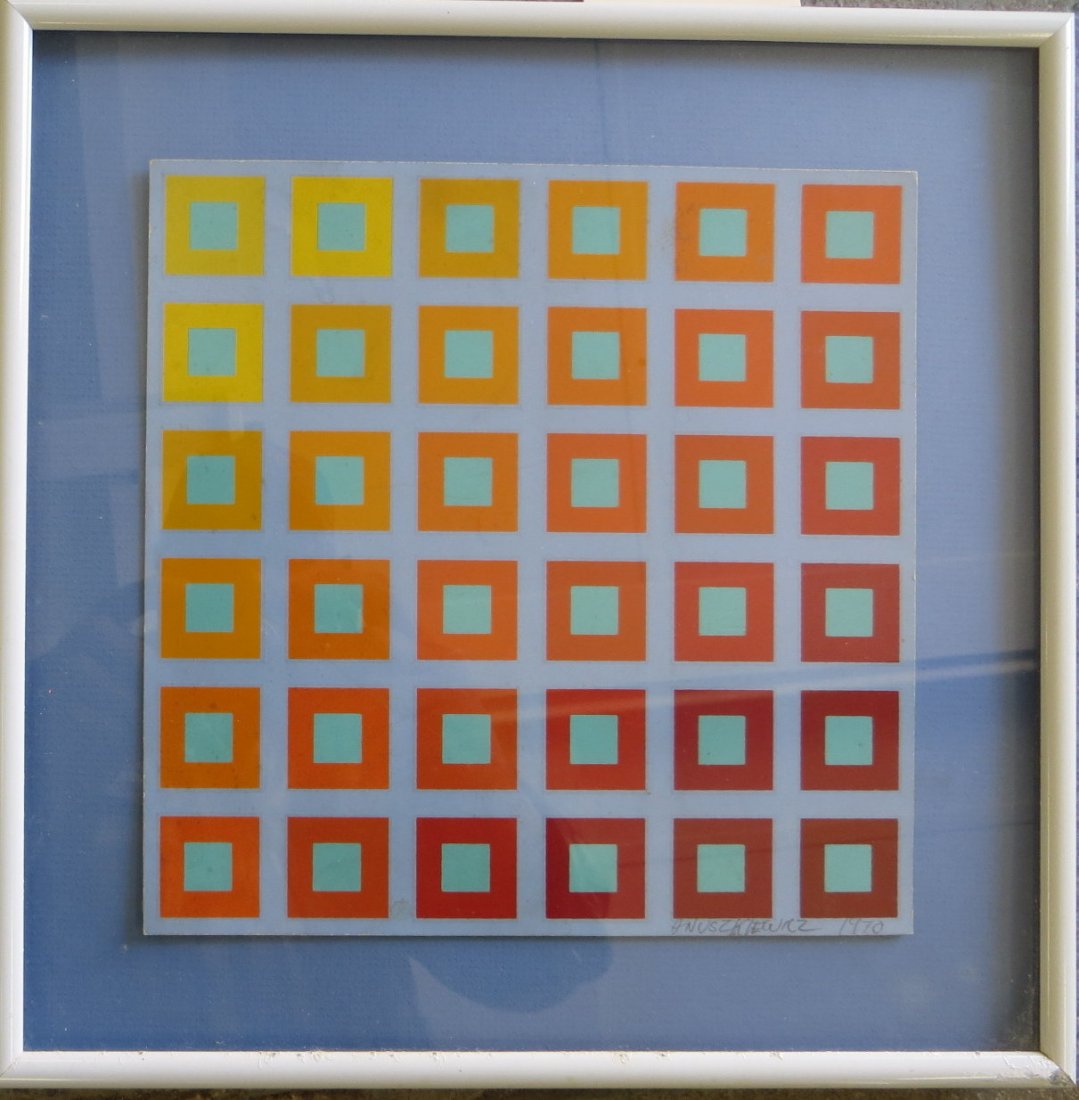 Geometric serigraph signed Anuszkiewicz (Richard: Geometric serigraph signed Anuszkiewicz (Richard Anuszkiewicz, NJ born 1930). Famous for optical art. 8" x 8"