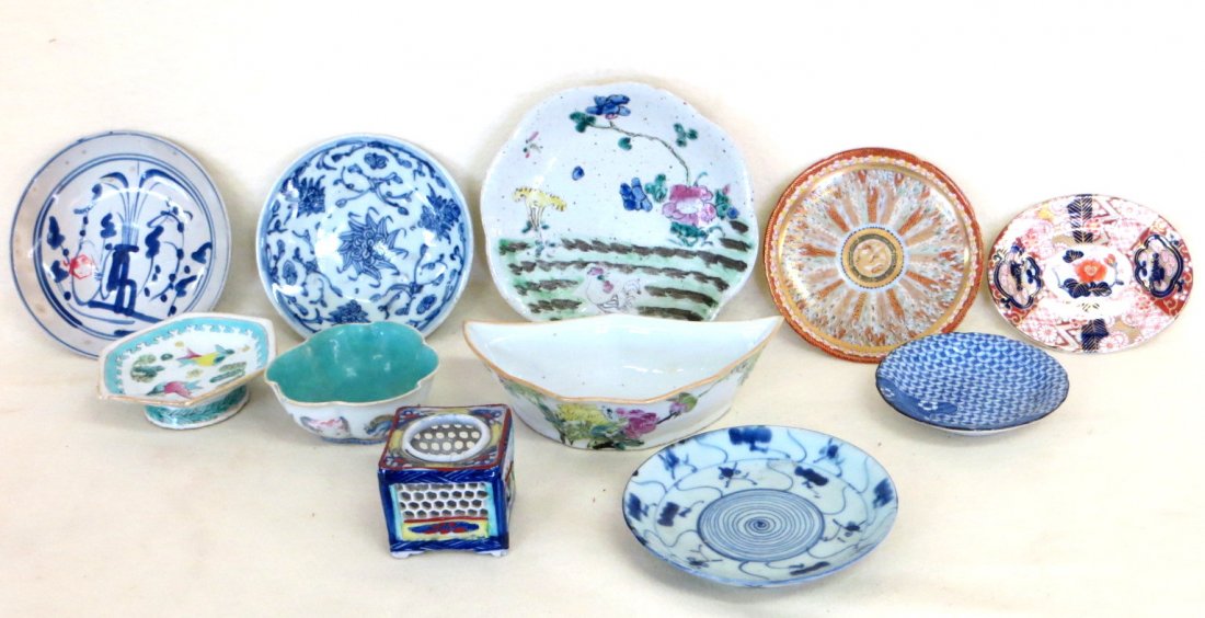 Collection of 11 small pieces of mostly 19th century or: Collection of 11 small pieces of mostly 19th century or earlier, porcelain table articles including plates, inkwell, condiment dish, etc.